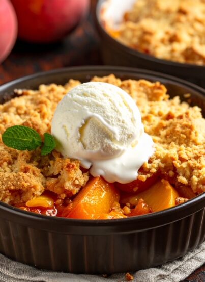 This easy slow cooker peach cobbler is the perfect Southern dessert! Made in the crock pot with sweet peaches and topped with vanilla ice cream—just set it and forget it.
