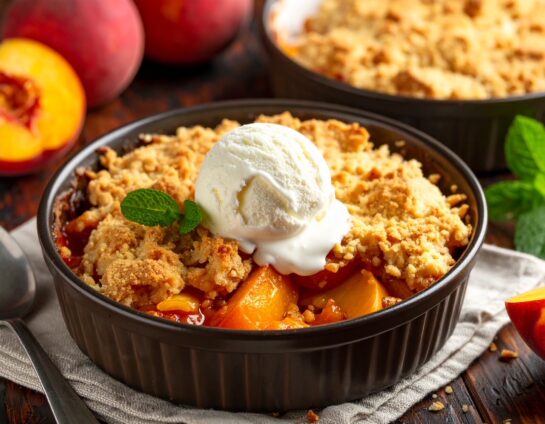 This easy slow cooker peach cobbler is the perfect Southern dessert! Made in the crock pot with sweet peaches and topped with vanilla ice cream—just set it and forget it.