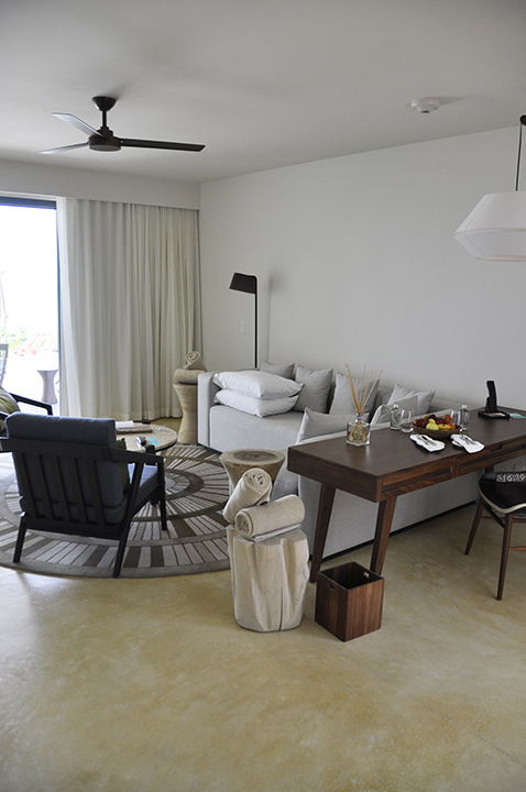 Living room downstairs in the bi-level suite. Andaz Mayakoba.