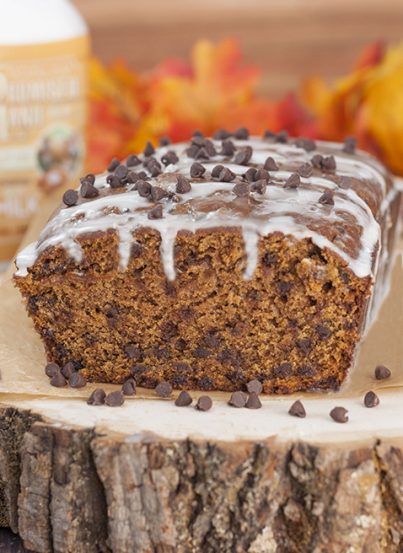 Bourban-Glazed Chocolate Chip Pumpkin Bread recipe where cinnamon and fall spices blend with chocolate and pumpkin flavors to make the most tender, moist dessert bread you'll ever taste!