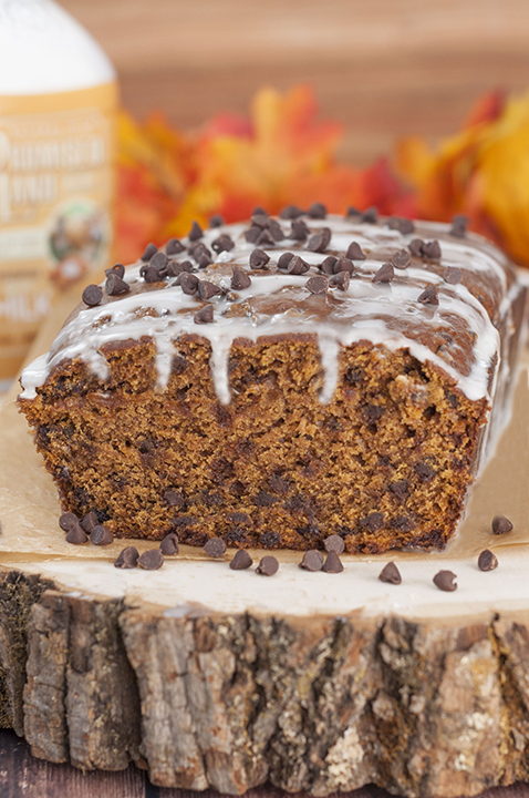 Bourban-Glazed Chocolate Chip Pumpkin Bread recipe where cinnamon and fall spices blend with chocolate and pumpkin flavors to make the most tender, moist dessert bread you'll ever taste!