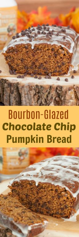 Bourban-Glazed Chocolate Chip Pumpkin Bread recipe where cinnamon and fall spices blend with chocolate chips and pumpkin flavors to make the most tender, moist dessert bread!