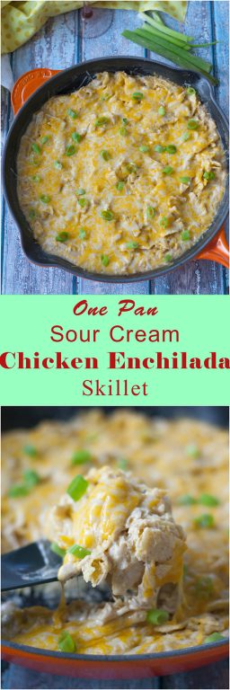One Pan Sour Cream Chicken Enchilada Skillet recipe made quick and easy in a skillet with corn tortillas pieces, cooked chicken, and a cheesy sauce! 
