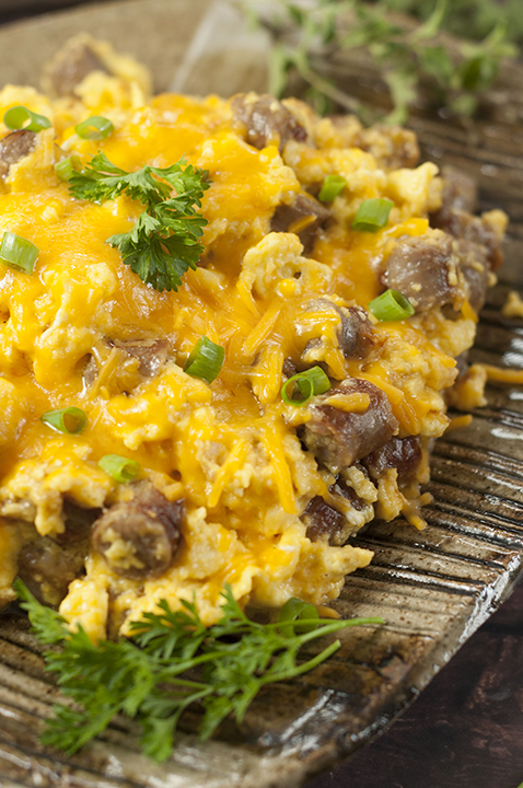 Pork Breakfast Sausage, Egg, and Cheese Scramble recipe is a tasty combination of your favorite breakfast foods for a hearty weekday morning or Sunday morning family breakfast!