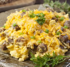Sausage, Egg, and Cheese Scramble recipe is a tasty combination of your favorite breakfast foods for a hearty weekday morning or Sunday morning family breakfast!