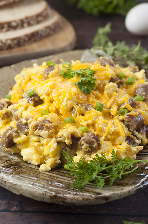 Sausage, Egg, and Cheese Scramble recipe is a tasty combination of your favorite breakfast foods for a hearty weekday morning or Sunday morning family breakfast!