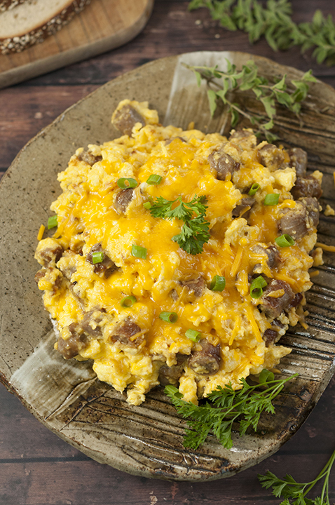Pork Sausage, Egg, and Cheese Scramble recipe is a tasty combination of your favorite breakfast foods for a hearty weekday morning, "brinner", or Sunday morning family breakfast.