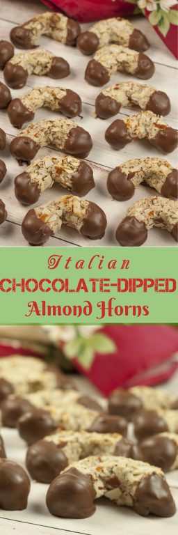 Grandma's Traditional Italian Chocolate-Dipped Almond Horns recipe - horseshoe-shaped crescent cookies that are moist and chewy on the inside with a crunchy almond texture on the outside.
