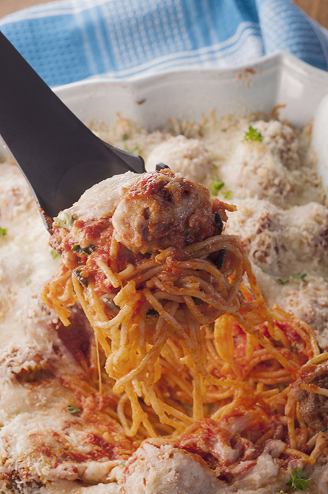 Baked Spaghetti and Meatballs Casserole | Wishes and Dishes