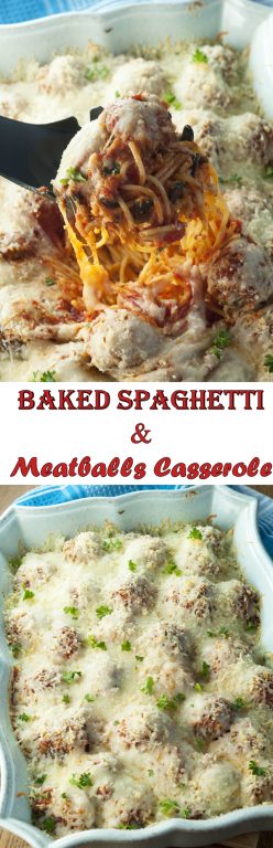 Italian Baked Spaghetti and Meatballs Casserole is a delicious change from your everyday pasta and sauce. This will be a new family favorite comfort food recipe and great for a holiday dinner!