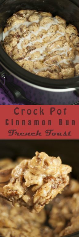 Easy Crock Pot Cinnamon Bun French Toast has all the flavors of gourmet cinnamon rolls without all of the hard work! This is perfect slow cooker recipe for the busy holiday mornings!