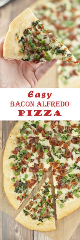 Switch up family pizza night with this easy Bacon Alfredo Pizza recipe! Alfredo sauce lovers will go crazy for this and each slice of this white pizza is packed with delicious toppings!