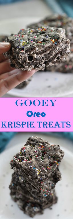 3 Ingredient Gooey Oreo Krispie Treats dessert recipe, or "Cookies and Cream Bars", is your favorite childhood treat loaded with chunks of Oreo! Perfect for the holidays or birthdays!
