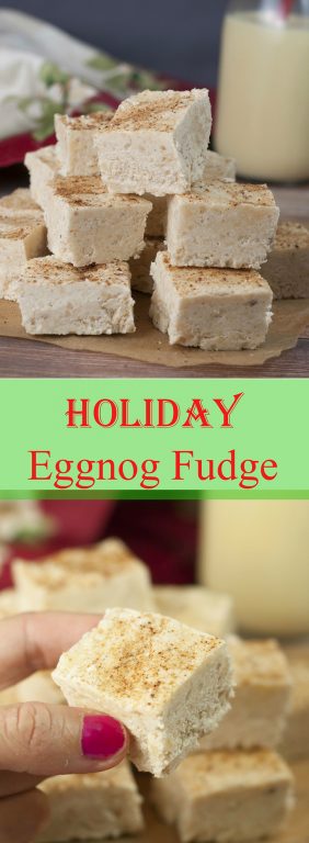 This Smooth and Creamy Holiday Eggnog Fudge recipe is your favorite Christmas holiday beverage turned into the perfect Christmas dessert for your holiday parties! You'll love the sprinkle of nutmeg on top!