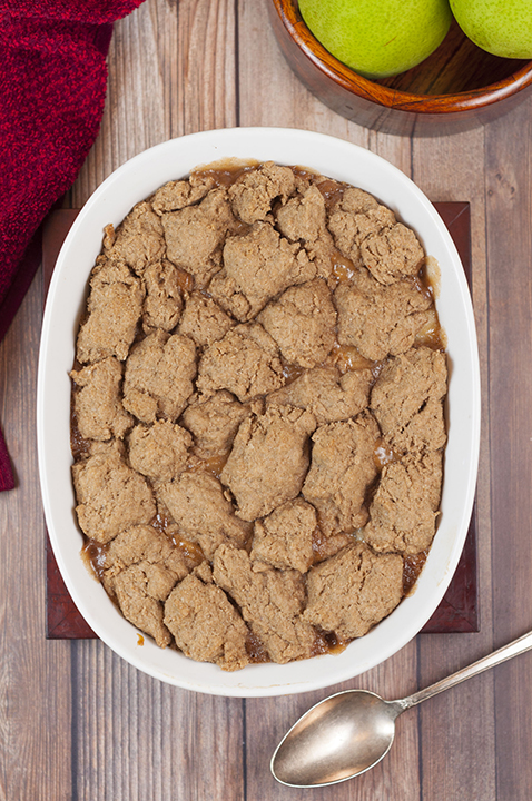 Fall Holiday-Spiced Pear Cobbler recipe made with fresh pears has all of the fall/winter spices to make this the perfect, decadent holiday dessert idea!