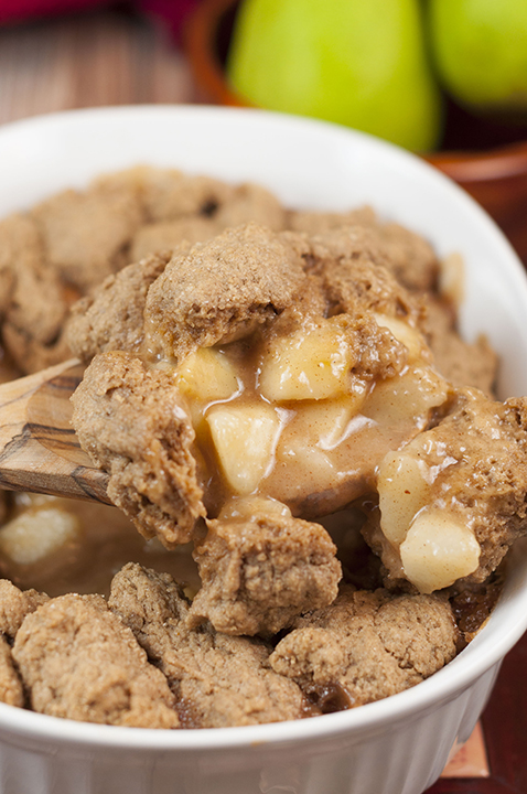 Holiday-Spiced Pear Cobbler recipe made with fresh pears has all of the fall/winter spices to make this the perfect, decadent holiday dessert idea!