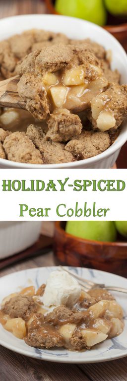 Fall Holiday-Spiced Pear Cobbler recipe made with fresh pears has all of the fall & winter spices to make this the perfect, decadent holiday dessert idea!