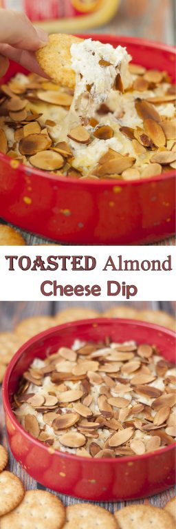 Toasted Almond Cheese Dip recipe is a quick and easy dip recipe for the holidays or Super Bowl game day appetizer idea! Who doesn't love a hot, creamy cheese dip topped with crunchy sliced almonds?