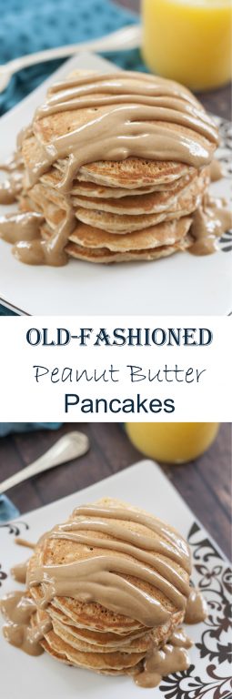 This Old-Fashioned Peanut Butter Pancake recipe is surprisingly light and fluffy, and smothered in a warm, melted peanut butter sauce and perfect for breakfast! 