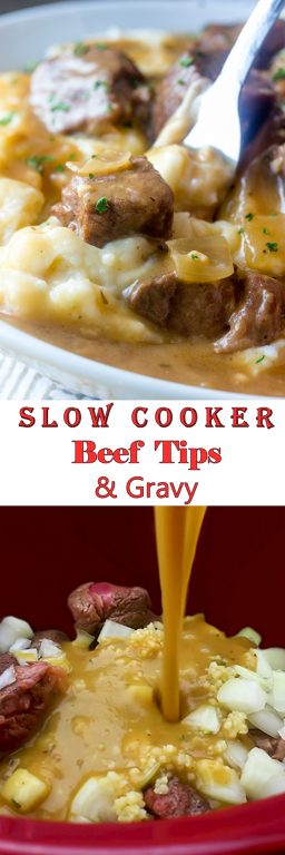 Slow Cooker Beef Tips and Gravy is perfect to serve to dinner guests but simple enough for a weeknight dinner recipe or appetizer recipe! Serve it over noodles, potatoes or rice!