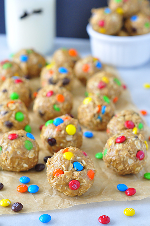 No Bake Monster Cookie Dough Energy Bites Wishes And Dishes