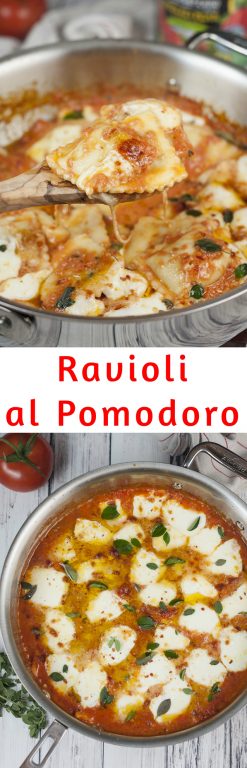 This easy Ravioli al Pomodoro recipe is an easy Italian one skillet meal made with San Marzano tomatoes, fresh mozzarella cheese, and absolutely packed with flavor! This dinner is restaurant-quality!