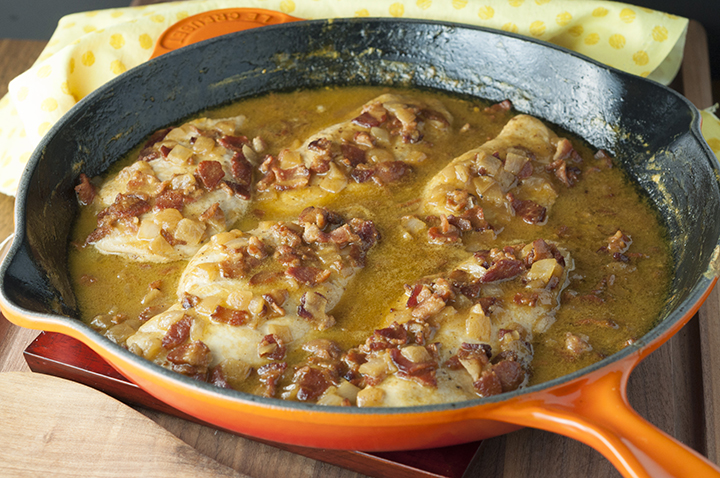 Maple Mustard Bacon Chicken Skillet meal where the chicken comes out super tender and the creamy sauce is to die for! This super easy chicken dinner recipe is full of flavor and will become a new family favorite!