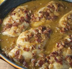 Maple Mustard Bacon Chicken Skillet where the chicken comes out super tender and the creamy sauce is to die for! This easy chicken dinner recipe is full of flavor and will become a new family favorite!