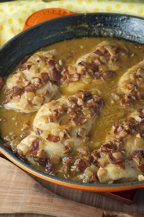 Maple Mustard Bacon Chicken Skillet where the chicken comes out super tender and the creamy sauce is to die for! This easy chicken dinner recipe is full of flavor and will become a new family favorite!