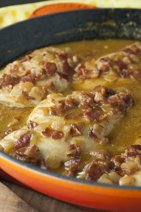 Comforting Maple Mustard Bacon Chicken Skillet meal where the chicken comes out super tender and the creamy sauce is to die for! This super easy chicken dinner recipe is full of flavor and will become a new family favorite!