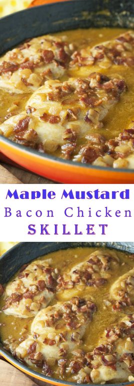 One Pan Quick and Easy Maple Mustard Bacon Chicken Skillet where the chicken comes out super tender and the creamy sauce is to die for! This easy chicken dinner recipe is full of flavor and will become a new family favorite!