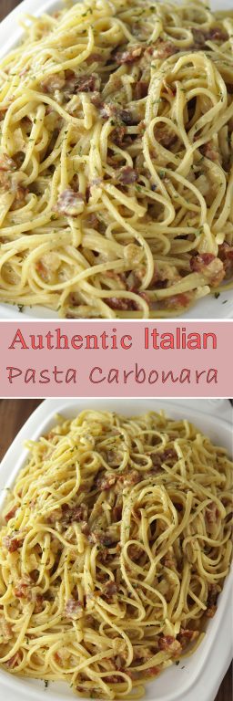 Authentic Italian Pasta Carbonara recipe exactly how they make it in Rome! The eggs give it the silky, creamy texture this pasta dish is known for without all of the heavy cream.
