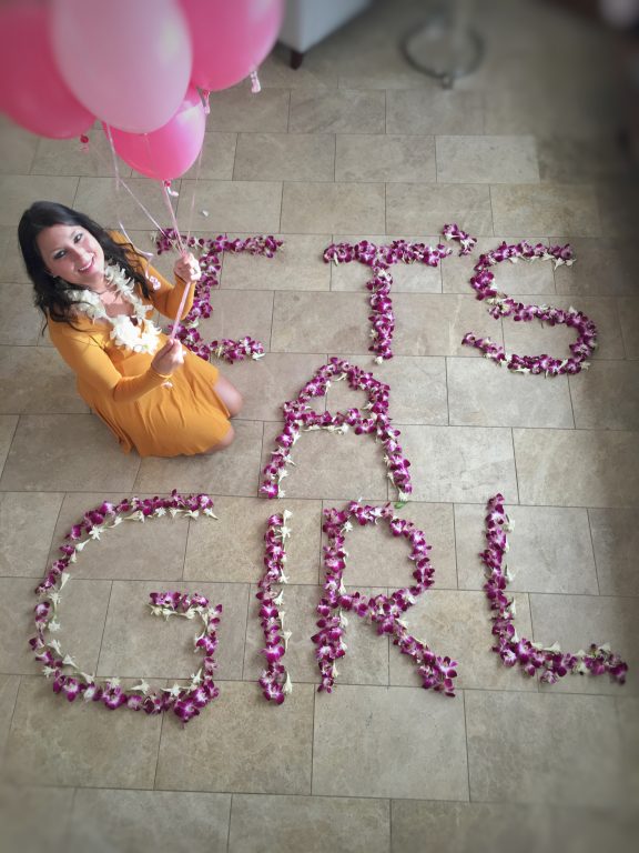 The Andaz Maui, Hawaii gender reveal in our resort suite complete with balloons and flowers.