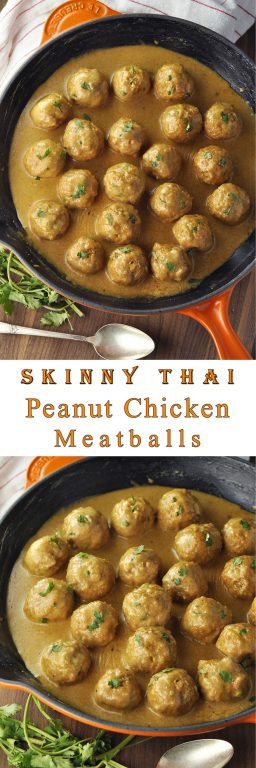 Easy Skinny Thai Peanut Chicken Meatballs dinner recipe served over Jasmine rice smothered in a sweet, and a bit spicy, coconut peanut butter sauce that you will want to just eat with a spoon! This is a dinner idea I make regularly and you'll see why.