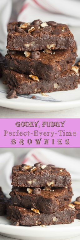 This from-scratch recipe for rich, Gooey Perfect-Every-Time Brownies with pecans is my new go-to easy brownie recipe. These brownies are adaptable to any add-ins you choose and will be your new favorite brownie recipe.