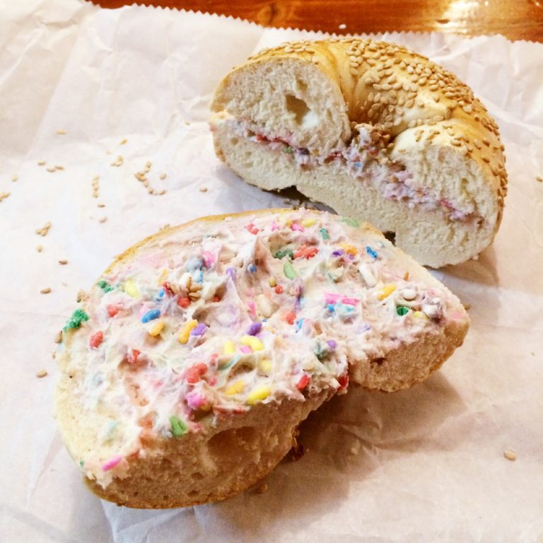 Tompkins Square Bagels with birthday cake cream cheese in Manhattan, NYC.