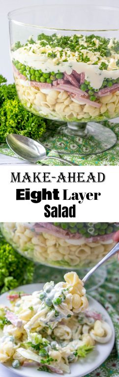 Gorgeous Make-Ahead Eight Layer Salad recipe for the most foolproof, colorful salad great for entertaining, potlucks, or summer picnic side dish idea! It is so easy and you can make it ahead of time for a party, Memorial Day, 4th of July or Father's Day BBQ!