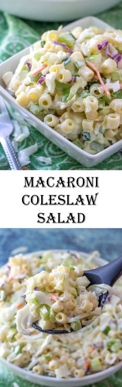 Macaroni Coleslaw Salad is packed with veggies, crunchy apple, and pasta and a beautiful combination of your two favorite summer side dishes: coleslaw and macaroni salad! This is a great, easy recipe to take to a potluck, holiday party side dish, or BBQ.