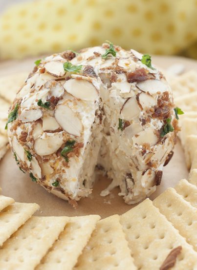 Creamy Buttermilk Ranch Bacon Cheese Ball loaded with cheese, bacon and coated with sliced almonds - a quick and easy appetizer recipe for any occasion ready in 10 minutes or less!