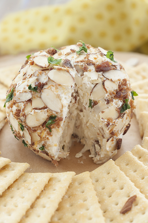 Creamy Buttermilk Ranch Bacon Cheese Ball loaded with cheese, bacon and coated with sliced almonds - a quick and easy appetizer recipe for any occasion ready in 10 minutes or less! 