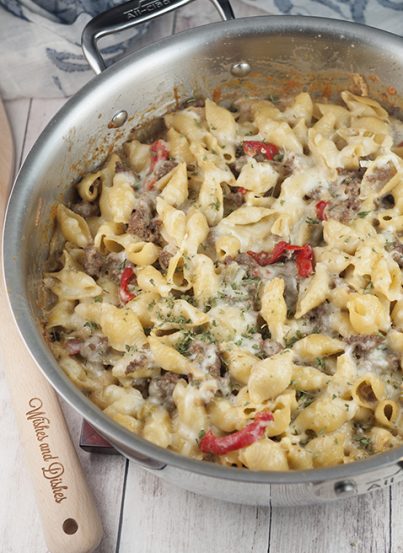 This easy dinner recipe for Philly Cheesesteak Pasta is a cheesy comfort food dish that will become a new family favorite!