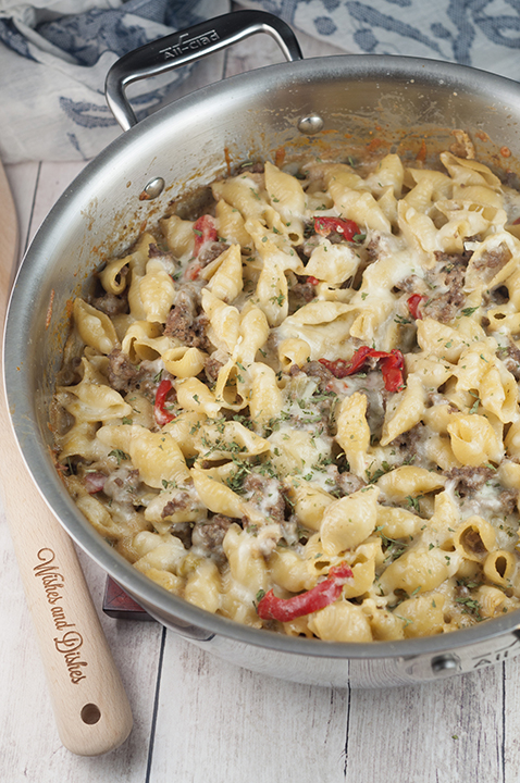 This easy dinner recipe for Philly Cheesesteak Pasta is a cheesy comfort food dish that will become a new family favorite!