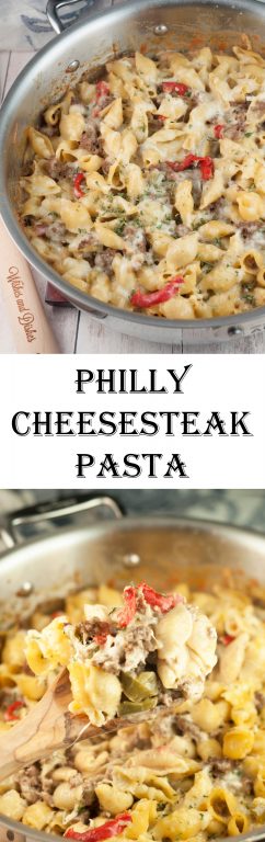 An easy dinner recipe for Philly Cheesesteak Pasta is a cheesy comfort food dish loaded with cheese and peppers that will become a new family favorite meal!