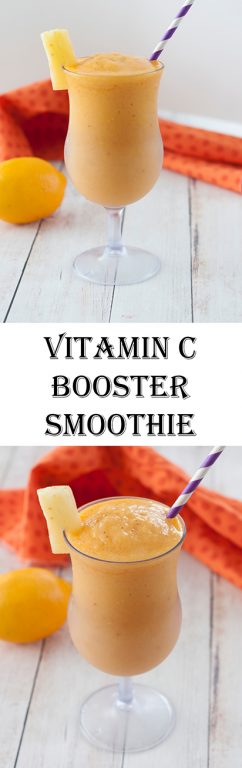 Four ingredient Vitamin C Booster Smoothie recipe: a nice thick, cold drink to help fight colds, flu and germs this fall. Keep that immune system nice and strong with a delicious smoothie!