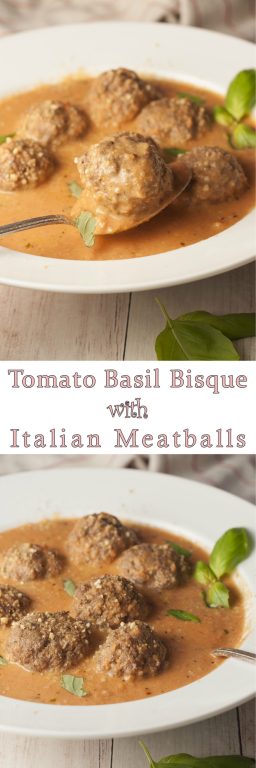 Simple Tomato Basil Bisque with Italian Meatballs is a smooth, rich bisque recipe for a comforting fall dinner idea!