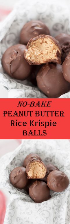 No-Bake Peanut Butter Rice Krispie Balls recipe: chocolate-covered peanut butter balls get a crispy upgrade for the best Christmas dessert! They are the perfect bite-size treat for any holiday party!