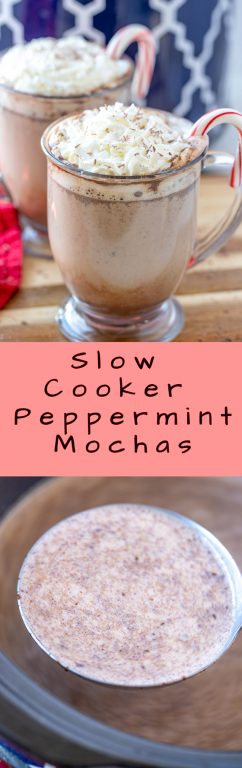 Slow Cooker Peppermint Mochas: a great hot drink recipe to serve at a holiday or winter party & an absolute must-try for this time of year! Throw it all in your crock pot & it's ready in 2 hours!