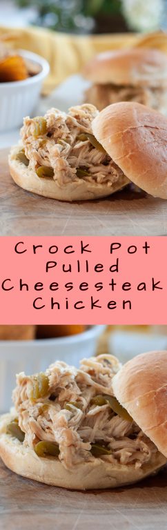 Crock Pot Pulled Cheesesteak Chicken recipe is an incredibly easy family meal made right in your slow cooker and packed with flavor! You can serve it for a party, Super Bowl, or potluck!