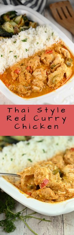 Quick and easy Thai Style Red Curry Chicken: boneless chicken thighs simmered in a red curry and coconut milk sauce. If you are a lover of Thai food you will be a huge fan of this Wegmans meal!