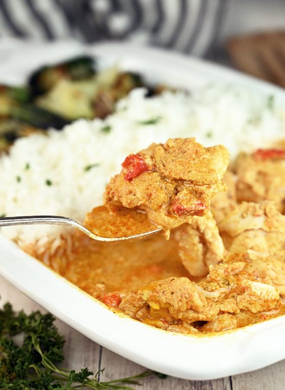 Wegmans Cheater Thai Style Red Curry Chicken: boneless chicken thighs simmered in a red curry and coconut milk sauce. If you are a lover of Thai food you will be a huge fan of this meal! 